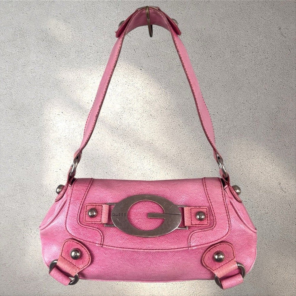 Vtg Y2K Guess Big G Logo Buckle Monogram Shoulder Baguette Bag Purse Pink
